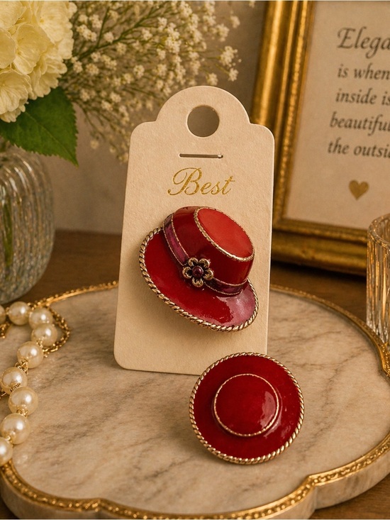 best jewelry Jewelry - Red Enamel Hat Brooch Set - Or Pendant